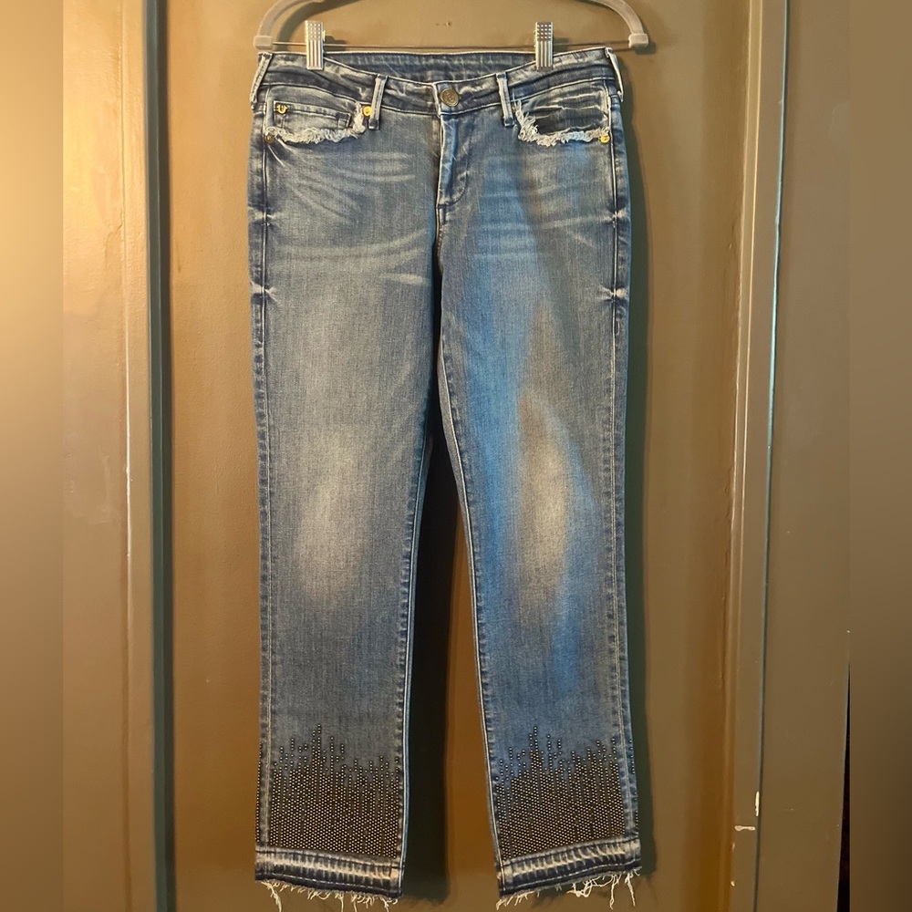 True Religion Light Blue Straight Leg Jeans with Frayed Hem / Brass beading